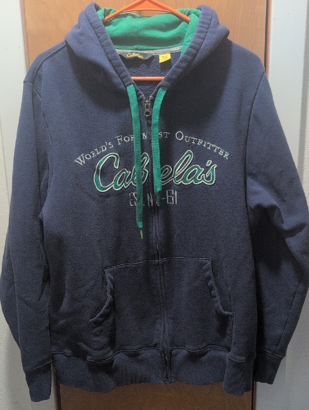 Cabela's Periwinkle Hoodie with Green Lining and Drawcords